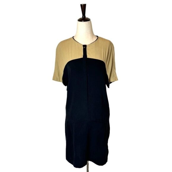 ALC Dress Women 8 Tan Black Silk Colorblock Short Sleeve‎ Shift Mini Luxury - Picture 1 of 12